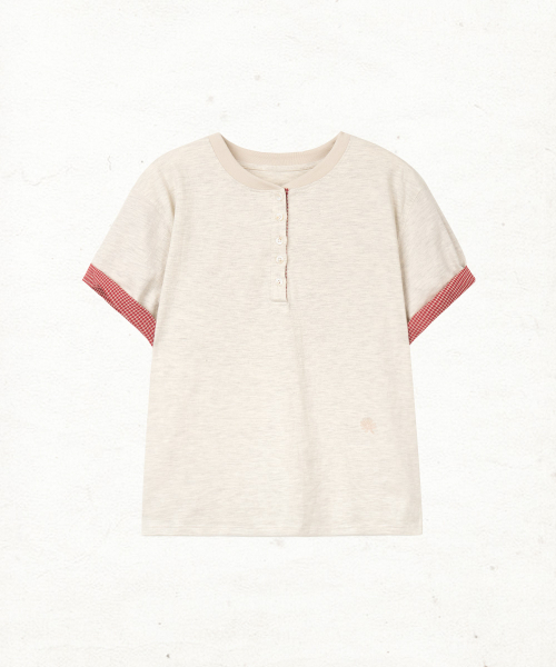 DANDEL(ダンデル)の「DD check roll-up henley neck tee (OATMEAL)(Tシャツ/カットソー・レディース・その他・1/2)」の1枚目の写真