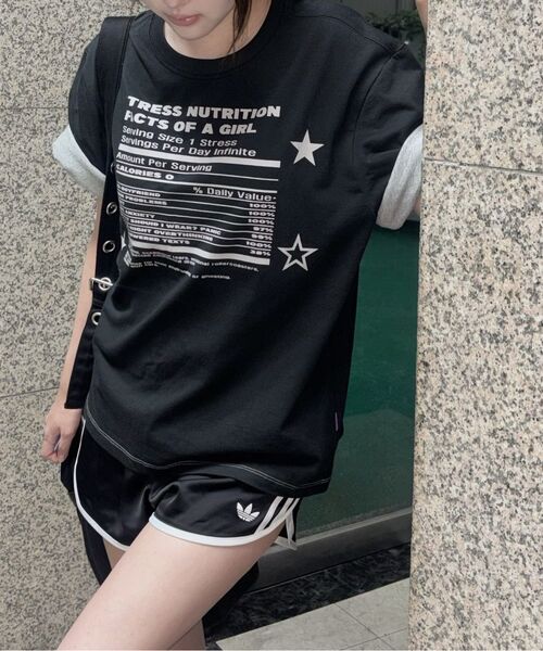 HOODHOOD（フッドフッド）の「ガールストレスニュートリション レイヤードロールアップ半袖Tシャツ ブラック（Tシャツ/カットソー・レディース・その他・1/0）」の7枚目の写真