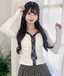 【2026秋冬新作】チェックネクタイギャザードッキング衿付き長袖Tシャツ