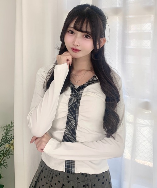 Mejoul(メジュール)の「【2026秋冬新作】チェックネクタイギャザードッキング衿付き長袖Tシャツ(Tシャツ/カットソー・レディース・ホワイト/グレー・F)」の11枚目の写真