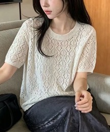 ニットクルーネックパンチングレーストップス