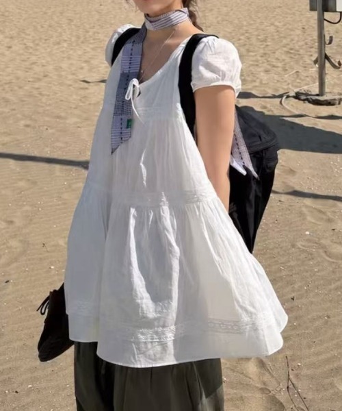 FLINEA(フリネア)の「パフスリーブリボンレースショートワンピース(チュニック・レディース・ホワイト・FREE)」の11枚目の写真
