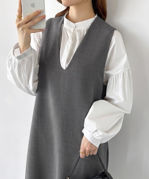 COCOMOMO（ココモモ）の「[3サイズ展開 ポケット付き] ジャンパースカート Uネック ノースリーブ ワンピース ストレート ロング ミモレ きれいめ オフィス オフィスカジュアル（ジャンパースカート・レディース・ブラック/グレー・S/M/L）」の8枚目の写真