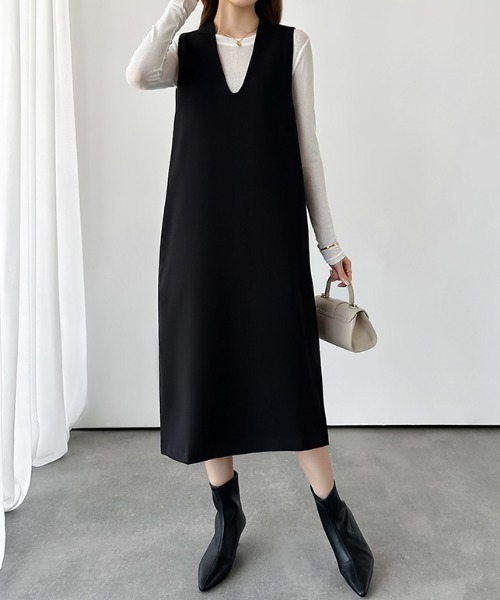 COCOMOMO（ココモモ）の「[3サイズ展開 ポケット付き] ジャンパースカート Uネック ノースリーブ ワンピース ストレート ロング ミモレ きれいめ オフィス オフィスカジュアル（ジャンパースカート・レディース・ブラック/グレー・S/M/L）」の6枚目の写真