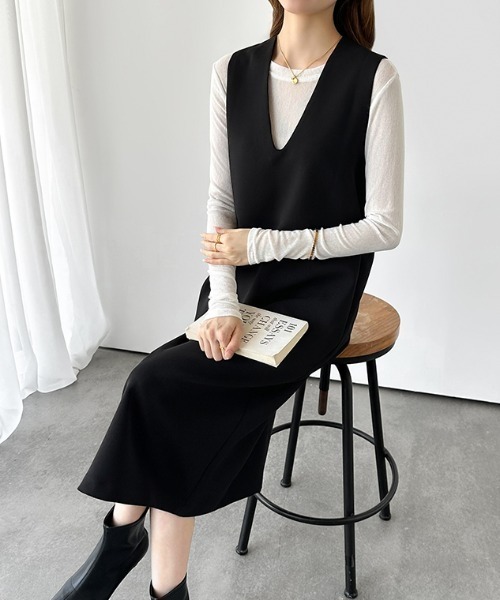 COCOMOMO（ココモモ）の「[3サイズ展開 ポケット付き] ジャンパースカート Uネック ノースリーブ ワンピース ストレート ロング ミモレ きれいめ オフィス オフィスカジュアル（ジャンパースカート・レディース・ブラック/グレー・S/M/L）」の17枚目の写真