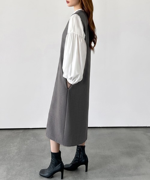 COCOMOMO（ココモモ）の「[3サイズ展開 ポケット付き] ジャンパースカート Uネック ノースリーブ ワンピース ストレート ロング ミモレ きれいめ オフィス オフィスカジュアル（ジャンパースカート・レディース・ブラック/グレー・S/M/L）」の12枚目の写真