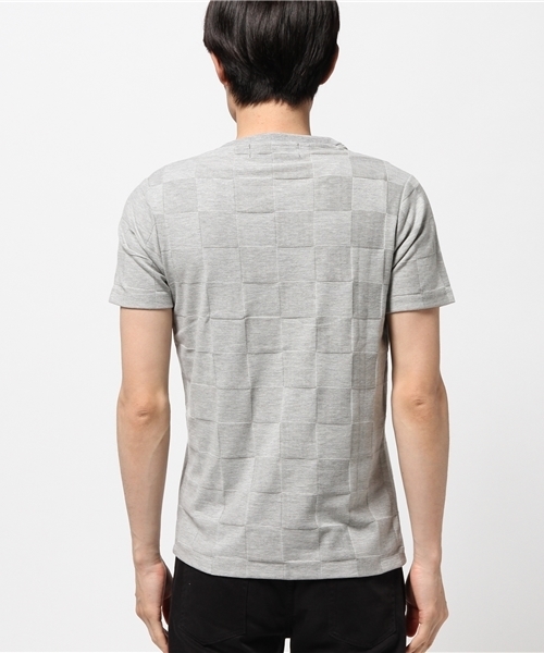 Anoutcommune（アナウトコミューン）の「ANOUTCOMMUNE : Checker Lacquard V Neck S/S T（Tシャツ/カットソー・メンズ・グレー/ネイビー/ブラック/ホワイト・MEDIUM/LARGE）」の6枚目の写真