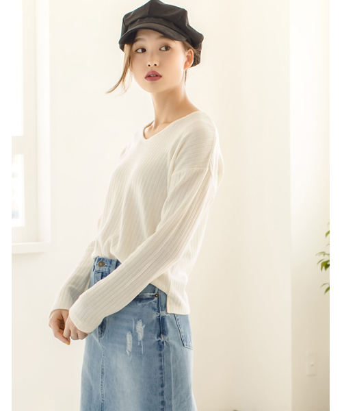 Re:EDIT（リエディ）の「[リエディ]リブニットソートップス[リエディオリジナル]トップス/ニットトップス（ニット/セーター・レディース・ブラウン/ボルドー/モカ/ブラック/アイボリー/カーキ/ベージュ/グレー/ライトピンク/ライトブルー・LARGE/MEDIUM/X-LARGE）」の2枚目の写真