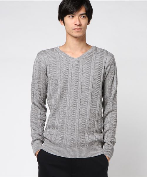 JACKROSE(ジャックローズ)の「2アミケーブルVネックニット(ニット/セーター・メンズ・ホワイト/ブラック/グレー・M/L)」の3枚目の写真