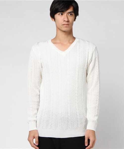 JACKROSE(ジャックローズ)の「2アミケーブルVネックニット(ニット/セーター・メンズ・ホワイト/ブラック/グレー・M/L)」の1枚目の写真
