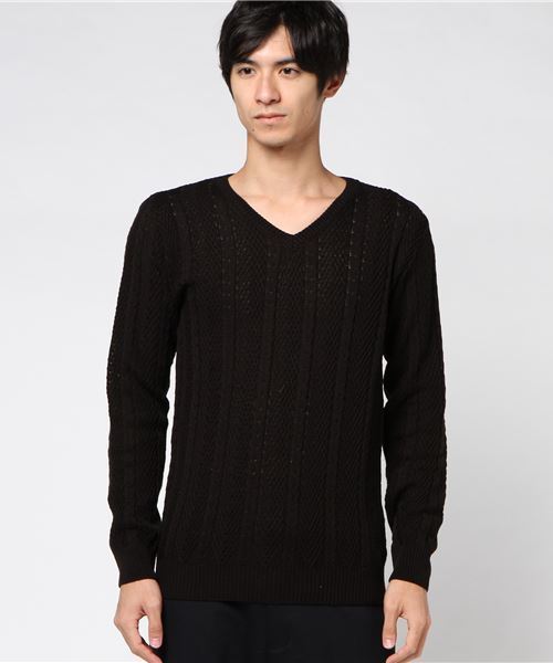 JACKROSE(ジャックローズ)の「2アミケーブルVネックニット(ニット/セーター・メンズ・ホワイト/ブラック/グレー・M/L)」の2枚目の写真