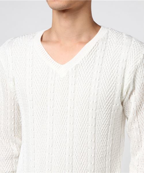 JACKROSE(ジャックローズ)の「2アミケーブルVネックニット(ニット/セーター・メンズ・ホワイト/ブラック/グレー・M/L)」の6枚目の写真