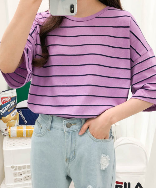 SONA（ソナ）の「SONYUNARA デイリーストライプTシャツ（Tシャツ/カットソー・レディース・ブラック/パープル/ライム/アイボリー/ライトベージュ・FREE）」の5枚目の写真