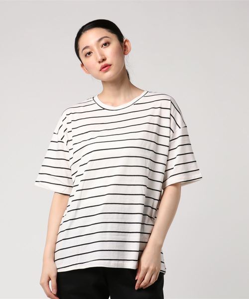 SONA（ソナ）の「SONYUNARA デイリーストライプTシャツ（Tシャツ/カットソー・レディース・ブラック/パープル/ライム/アイボリー/ライトベージュ・FREE）」の2枚目の写真