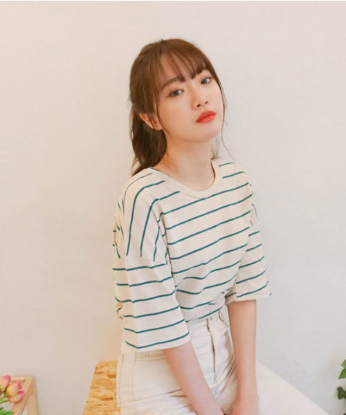 SONA（ソナ）の「SONYUNARA デイリーストライプTシャツ（Tシャツ/カットソー・レディース・ブラック/パープル/ライム/アイボリー/ライトベージュ・FREE）」の6枚目の写真
