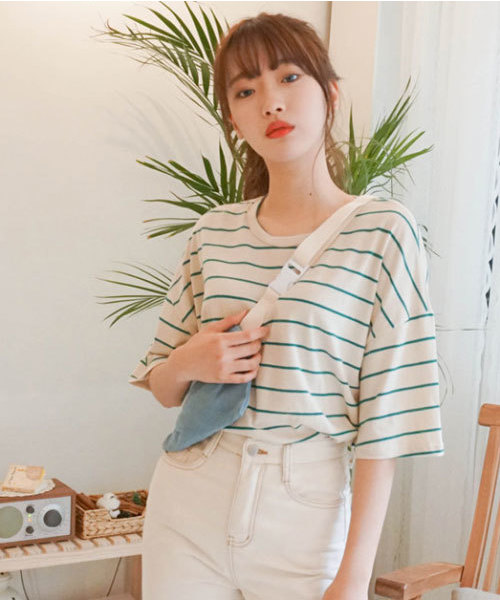 SONA（ソナ）の「SONYUNARA デイリーストライプTシャツ（Tシャツ/カットソー・レディース・ブラック/パープル/ライム/アイボリー/ライトベージュ・FREE）」の9枚目の写真