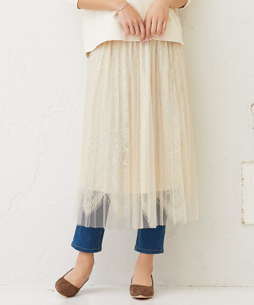 Pierrot(ピエロ)の「レース×プリーツ チュールスカート(スカート・レディース・ブラック/グレー/ピンク/アイボリー/ホワイト系その他・M)」の3枚目の写真