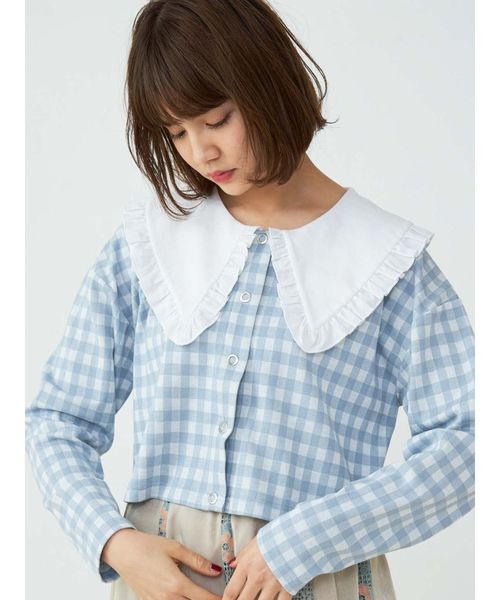 merry jenny(メリージェニー)の「Bigカラーギンガムカーディガン(カーディガン/ボレロ・レディース・ライトブルー/ブラック/ベージュ・FREE)」の4枚目の写真