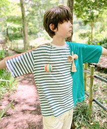 ARCH & LINE（アーチアンドライン）の「五分袖 オーバーサイズ パッチワーク ボーダーTシャツ PATCHWORK BORDER TEE ワイド型［145-175cm］（Tシャツ/カットソー・キッズ）」