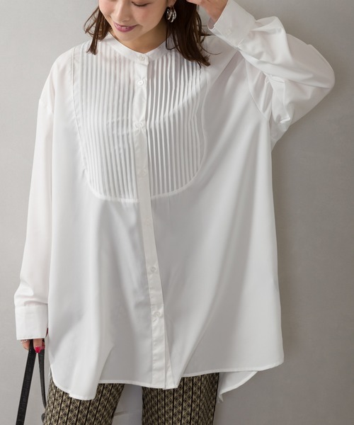 SpRay（スプレイ）の「ピンタックバンドカラ－ロングシャツ（シャツ/ブラウス・レディース・オフホワイト/ライトグリーン/スミクロ・FREE）」の7枚目の写真