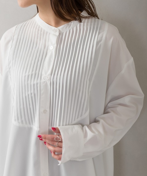 SpRay（スプレイ）の「ピンタックバンドカラ－ロングシャツ（シャツ/ブラウス・レディース・オフホワイト/ライトグリーン/スミクロ・FREE）」の4枚目の写真
