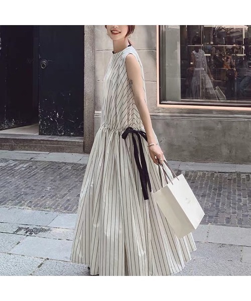 セール 大人シルエット 綿麻 ロング丈 ノースリーブ ストライプワンピース ワンピース Ritzy リッツィー のファッション通販 Zozotown