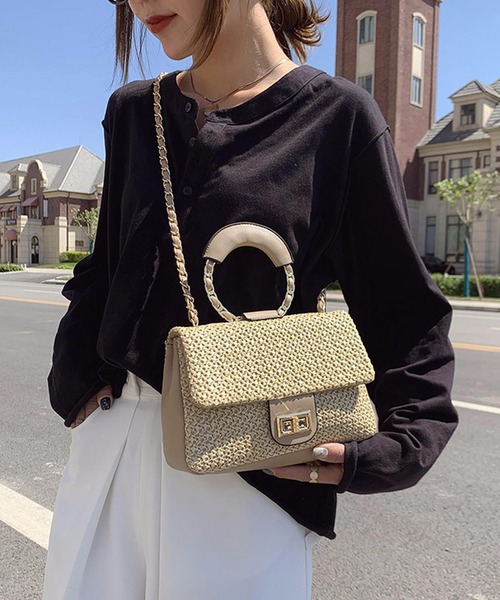 shopnikoniko(ショップニコニコ)の「ペーパー バッグ 2way(かごバッグ・レディース・ブラック/アイボリー/ベージュ/ブラウン・フリー)」の8枚目の写真