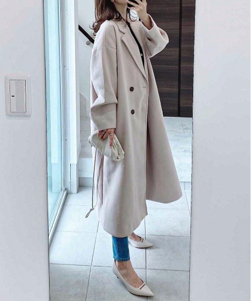 feepur(フェピュール)の「ロングチェスターコート(チェスターコート・レディース・アイボリー/ブラック/チャコールグレー/ブルーグレー/モカ・MEDIUM)」の2枚目の写真