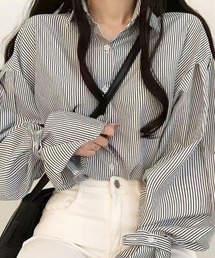 韓国ファッションオーバーサイズドルマンスリーブストライプシャツ