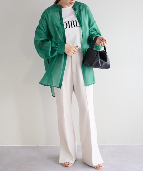 DISCOAT（ディスコート）の「シアーバンドカラーシャツ（シャツ/ブラウス・レディース・ブラック/オフホワイト/グリーン/ピンクベージュ・FREE）」の11枚目の写真