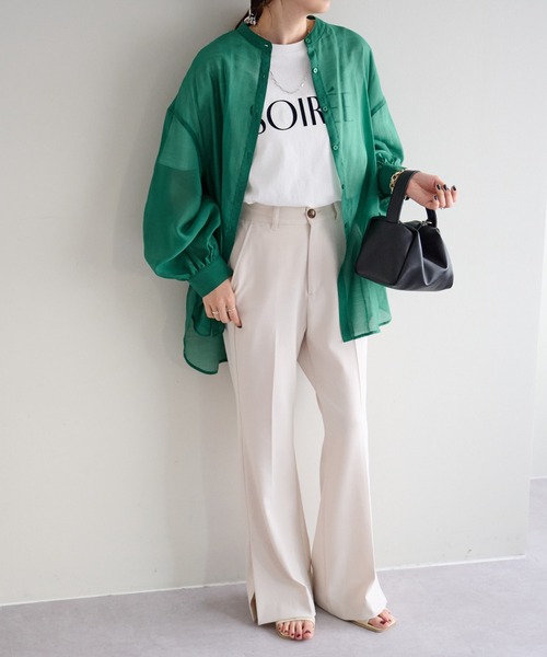 DISCOAT（ディスコート）の「シアーバンドカラーシャツ（シャツ/ブラウス・レディース・ブラック/オフホワイト/グリーン/ピンクベージュ・FREE）」の10枚目の写真