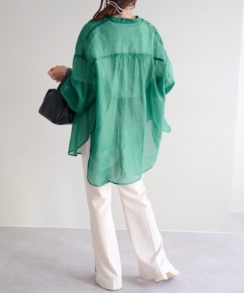 DISCOAT（ディスコート）の「シアーバンドカラーシャツ（シャツ/ブラウス・レディース・ブラック/オフホワイト/グリーン/ピンクベージュ・FREE）」の13枚目の写真