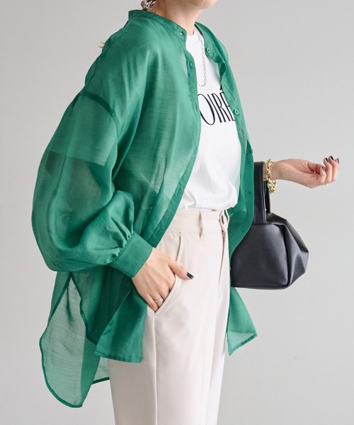 DISCOAT（ディスコート）の「シアーバンドカラーシャツ（シャツ/ブラウス・レディース・ブラック/オフホワイト/グリーン/ピンクベージュ・FREE）」の15枚目の写真