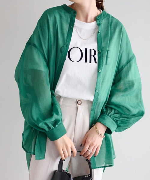 DISCOAT（ディスコート）の「シアーバンドカラーシャツ（シャツ/ブラウス・レディース・ブラック/オフホワイト/グリーン/ピンクベージュ・FREE）」の14枚目の写真