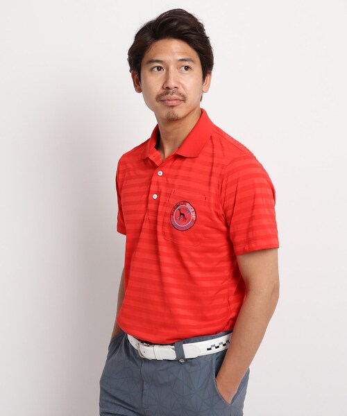 ◆【日本製】襟裏ロゴデザイン メッシュ調ボーダー半袖ポロシャツ 吸水速乾/UVカット