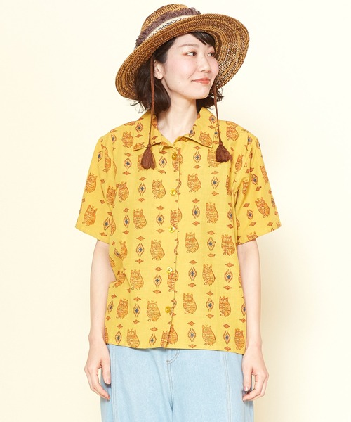 チャイハネ（チャイハネ）の「【チャイハネ】ブロックプリント梟柄シャツ（シャツ/ブラウス・レディース・ブラック/ベージュ/マスタード・FREE）」の3枚目の写真