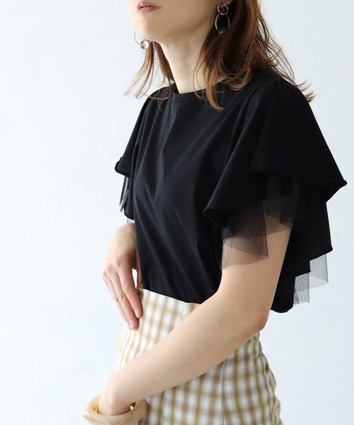HER CLOSET（ハークローゼット）の「【shemoshelly】チュールフレア袖フレンチトップス（Tシャツ/カットソー・レディース・チャコールグレー/ブラック/オフホワイト/グレイッシュベージュ・M）」の19枚目の写真