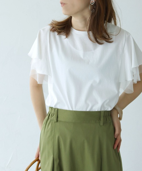 HER CLOSET（ハークローゼット）の「【shemoshelly】チュールフレア袖フレンチトップス（Tシャツ/カットソー・レディース・チャコールグレー/ブラック/オフホワイト/グレイッシュベージュ・M）」の7枚目の写真