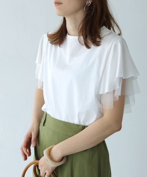 HER CLOSET（ハークローゼット）の「【shemoshelly】チュールフレア袖フレンチトップス（Tシャツ/カットソー・レディース・チャコールグレー/ブラック/オフホワイト/グレイッシュベージュ・M）」の18枚目の写真