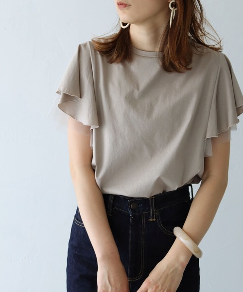HER CLOSET（ハークローゼット）の「【shemoshelly】チュールフレア袖フレンチトップス（Tシャツ/カットソー・レディース・チャコールグレー/ブラック/オフホワイト/グレイッシュベージュ・M）」の11枚目の写真