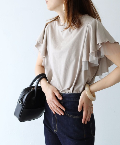 HER CLOSET（ハークローゼット）の「【shemoshelly】チュールフレア袖フレンチトップス（Tシャツ/カットソー・レディース・チャコールグレー/ブラック/オフホワイト/グレイッシュベージュ・M）」の22枚目の写真