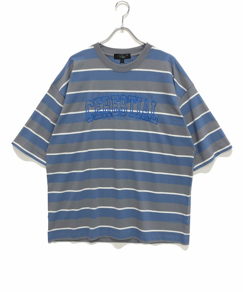 Beno(ビーノ)の「レトロボーダー オーバーサイズ アーチロゴ刺繍 Tシャツ(Tシャツ/カットソー・メンズ・グリーン系その他/ブルー系その他/グリーン系その他2/ブルー系その他2・M/L)」の2枚目の写真
