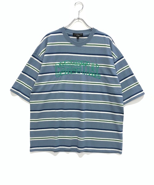 Beno(ビーノ)の「レトロボーダー オーバーサイズ アーチロゴ刺繍 Tシャツ(Tシャツ/カットソー・メンズ・グリーン系その他/ブルー系その他/グリーン系その他2/ブルー系その他2・M/L)」の4枚目の写真