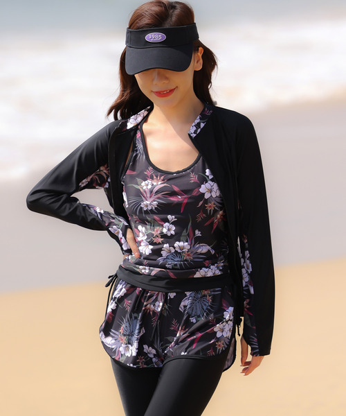 【セール】【UPF50+】レディース水着体型カバー フィットネスタンキニ+長袖ラッシュガード+ショートパンツ+レギンス 5点セット（水着）｜TeddyShop（テディショップ）