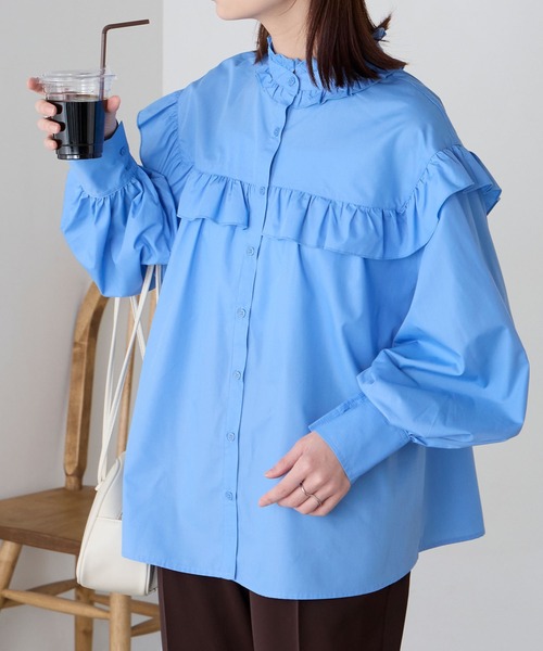 BONLECILL（ボンルシール）の「2way ボリュームスリーブ 長袖フリルブラウス（シャツ/ブラウス・レディース・ネイビー/グリーン/アイボリー/ブラック/オフホワイト/ブラック系1/ホワイト/ネイビー系1/ブラック系その他/ブルー・FREE）」の9枚目の写真