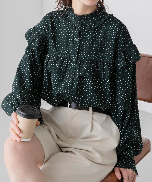 BONLECILL（ボンルシール）の「2way ボリュームスリーブ 長袖フリルブラウス（シャツ/ブラウス・レディース・ネイビー/グリーン/アイボリー/ブラック/オフホワイト/ブラック系1/ホワイト/ネイビー系1/ブラック系その他/ブルー・FREE）」の7枚目の写真