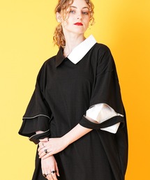 フェイクレイヤーシャツオープンジップスリーブTシャツ