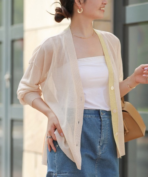 Bou Jeloud（ブージュルード）の「配色シアーカーディガン（カーディガン/ボレロ・レディース・ライトグレー/グリーン/ベージュ・FREE）」の3枚目の写真