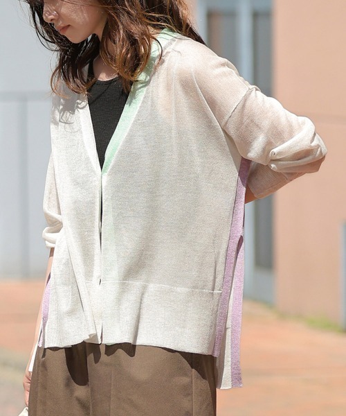 Bou Jeloud（ブージュルード）の「配色シアーカーディガン（カーディガン/ボレロ・レディース・ライトグレー/グリーン/ベージュ・FREE）」の2枚目の写真