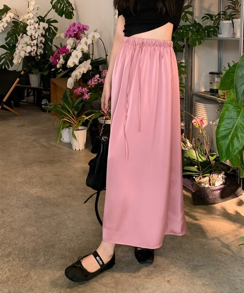 Jasmine Grandiflorum(ジャスミングランディフローラム)の「【Jasmine】ゴム入りウエストロングスカート(スカート・レディース・ベージュ/ピンク/パープル/ブラック・FREE)」の4枚目の写真